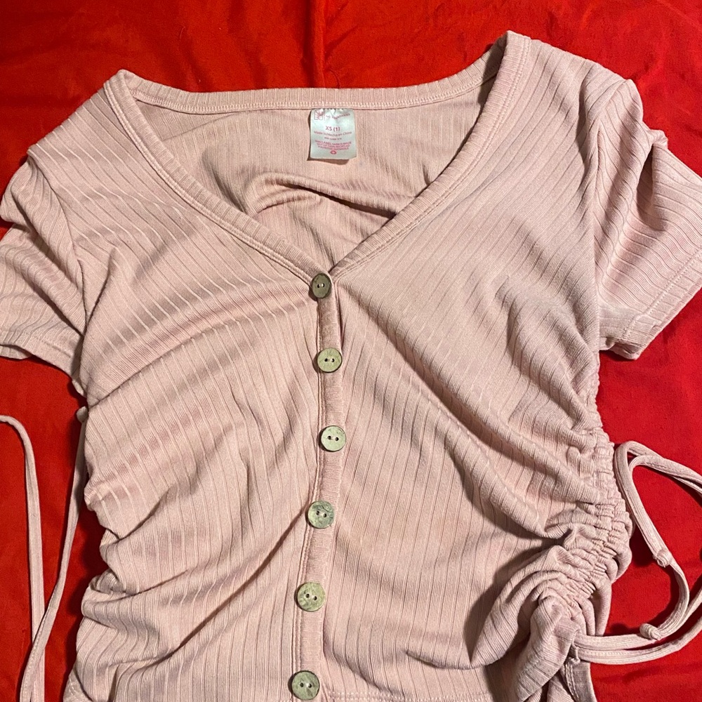 No Boundaries Light Pink Button-Down Ruched Top
